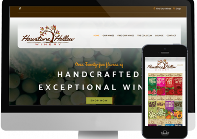An exeplore web design project mockup image showcasing Hawstone Hollow Winery of Lewistown's completed website on a laptop and a smart phone. The image has a colorful background and text saying Website Launch followed by the website address of the completed project.