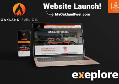 An exeplore web design project mockup image showcasing Oakland Fuel Oil of Juniata County's completed website on a laptop and a smart phone. The image has a colorful background and text saying Website Launch followed by the website address of the completed project.