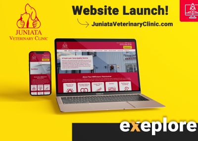 An exeplore web design project mockup image showcasing Juniata Veterinary Clinic of Mifflintown's completed website on a laptop and a smart phone. The image has a colorful background and text saying Website Launch followed by the website address of the completed project.