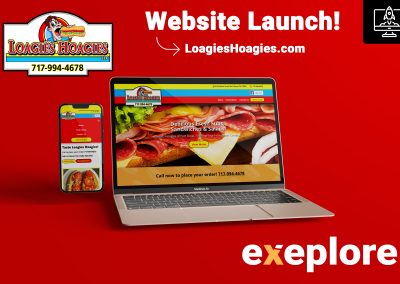 An exeplore web design project mockup image showcasing Loagies Hoagies of Port Royal's completed website on a laptop and a smart phone. The image has a colorful background and text saying Website Launch followed by the website address of the completed project.